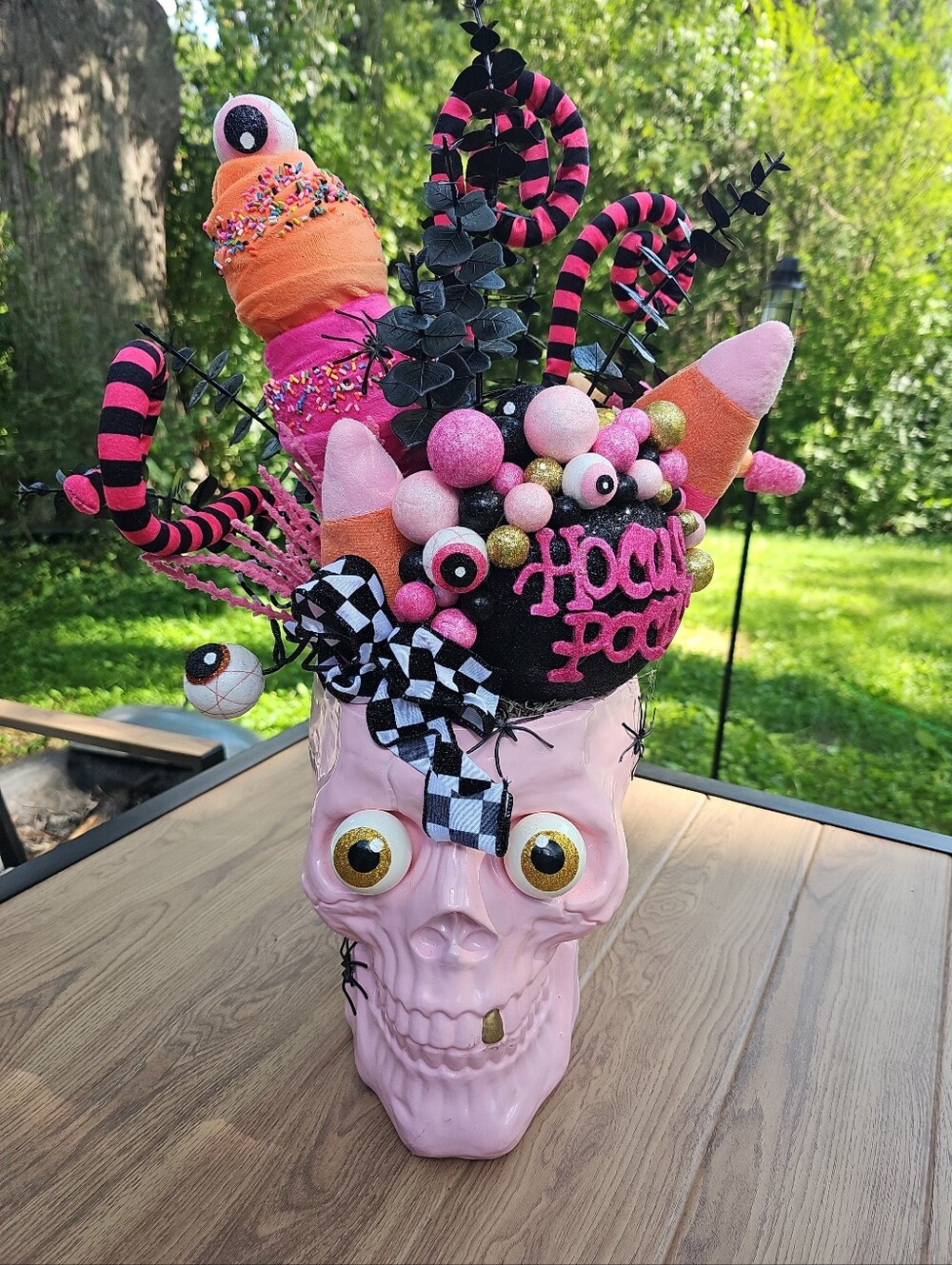 Whimsical Halloween Centerpiece Pink Skull Glitter Flocked Treats flowers 21"